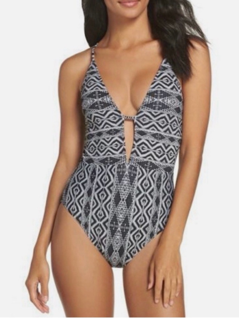 La Blanca Black & White Plunge Neckline Tummy Control Swimsuit One-piece Size 6